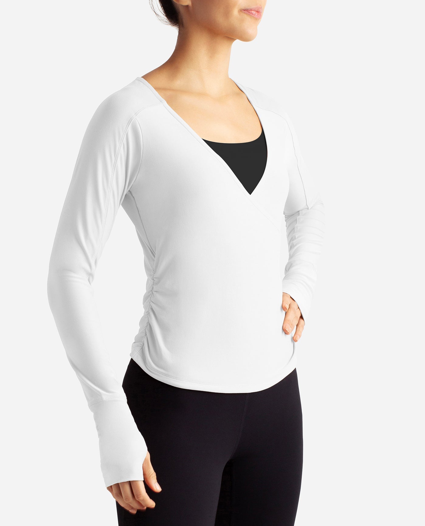 LEFT SIDE OF DANSKIN BARRE WRAP LONG SLEEVE TOP | DSK BRIGHT WHITE