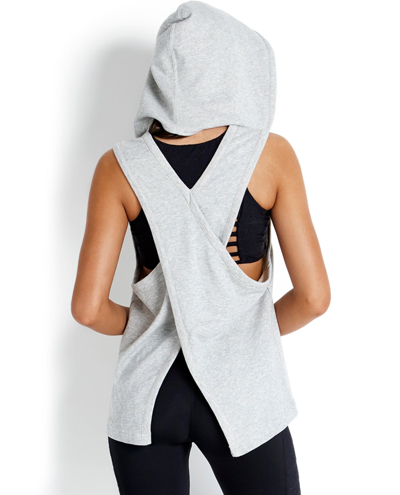 BACK OF SEAFOLLY ACTIVE CROSS BACK HOODIE | SEA GREY