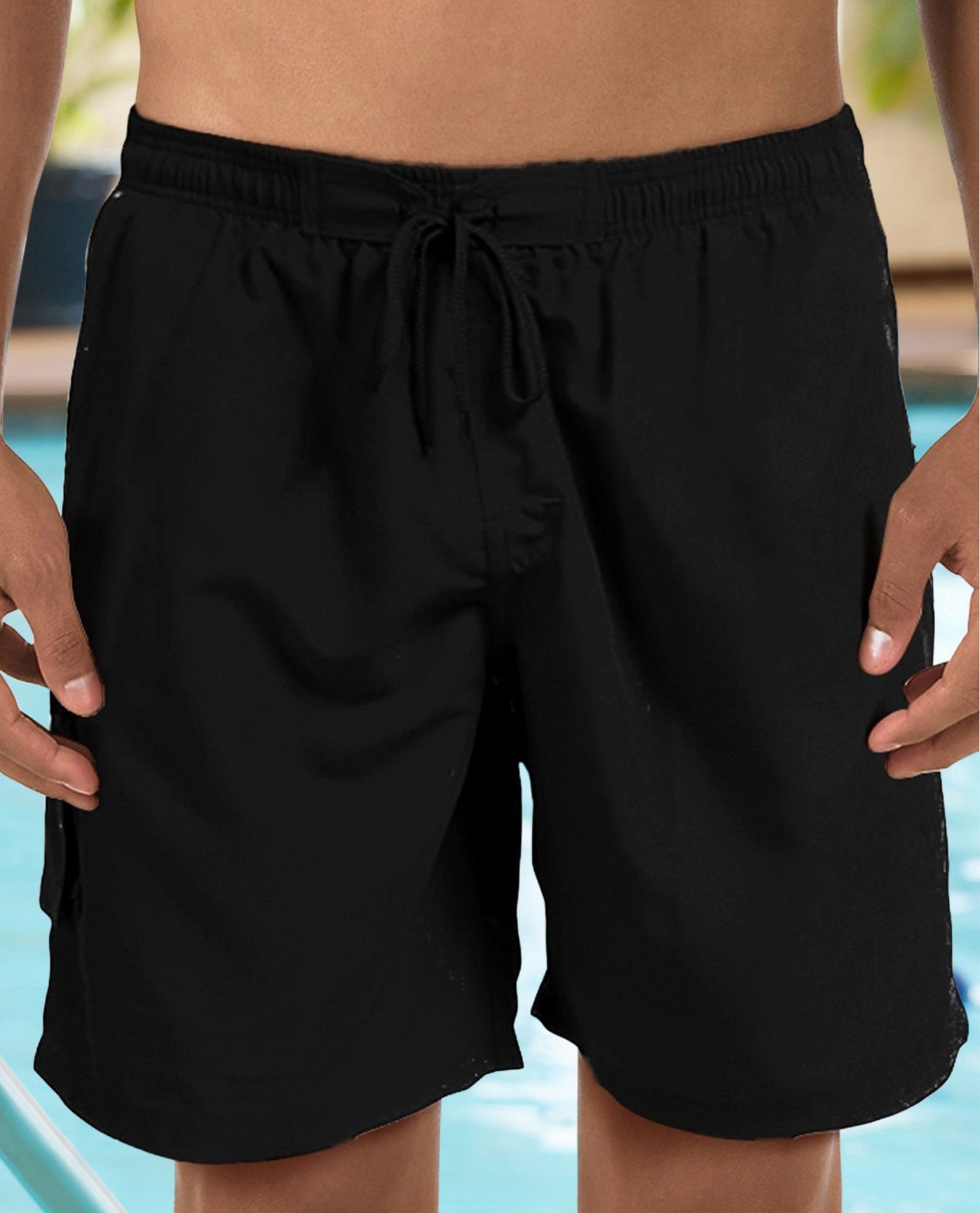 Front View Of CHLORINE RESISTANT DOLFIN SOLID MENS BOARD SHORT | 790 DOLFIN BLACK