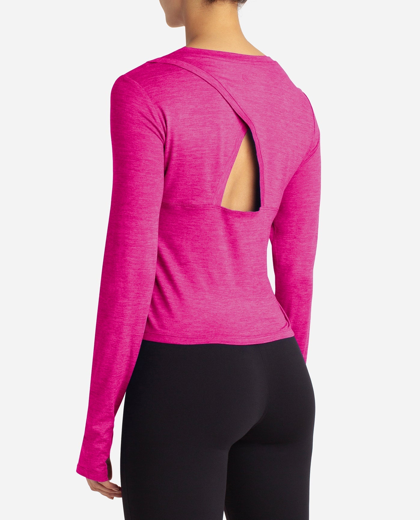 BACK OF DANSKIN CUTOUT CROPPED LONG SLEEVE TEE | DSK LUMINOUS PINK HEATHER