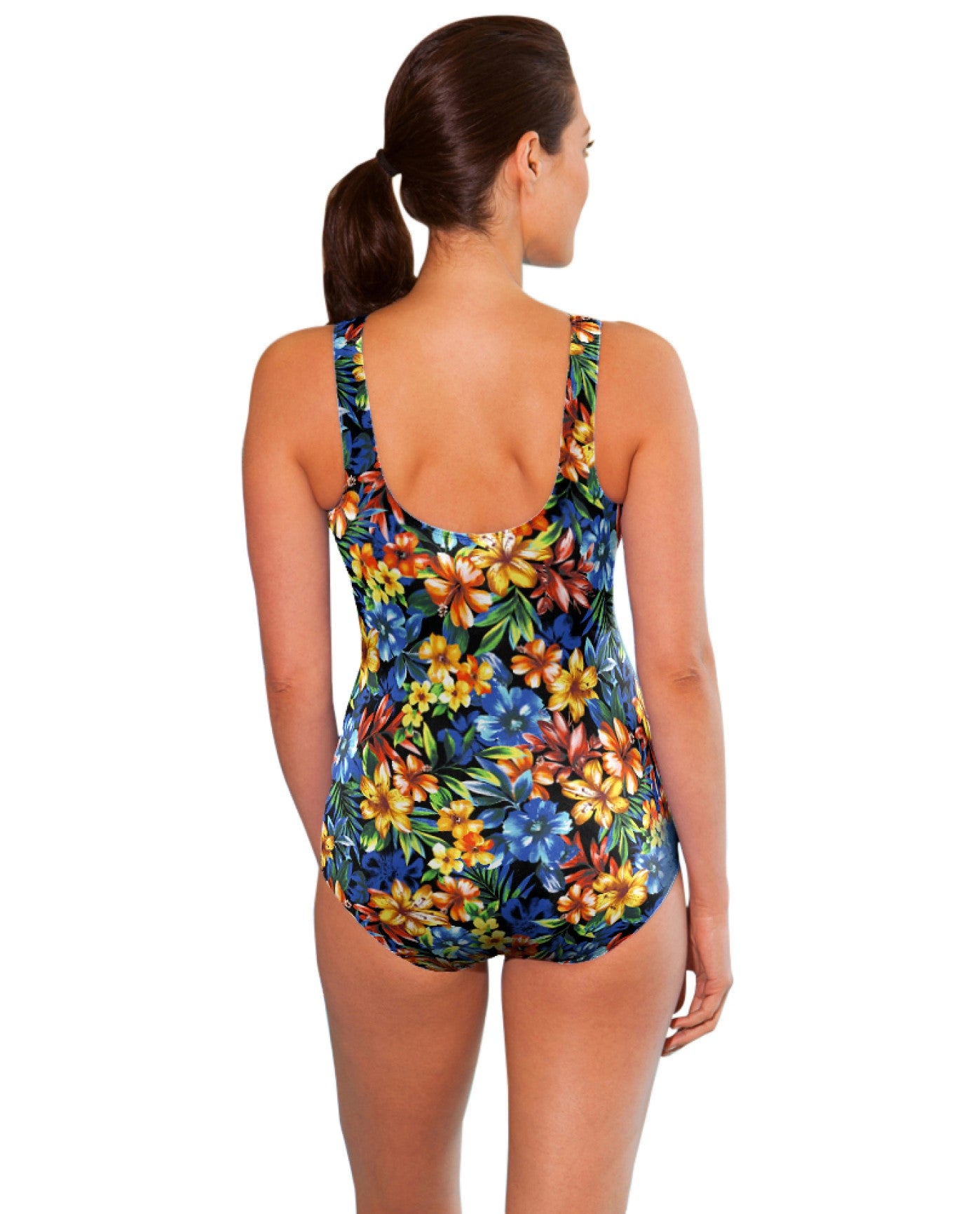 BACK OF CHLORINE RESISTANT AQUAMORE OASIS PRINT BLOCK ZIPPER ONE PIECE SWIMSUIT | 202 AQM OASIS