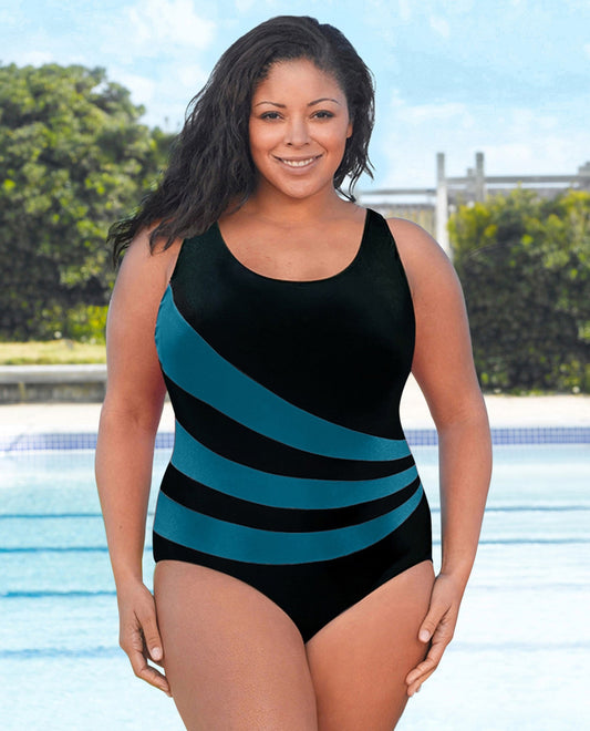 FRONT VIEW OF CHLORINE RESISTANT AQUAMORE COLOR BLOCK SPLICED SCOOP NECK PLUS SIZE SWIMSUIT | 006 AQM DEEP TEAL