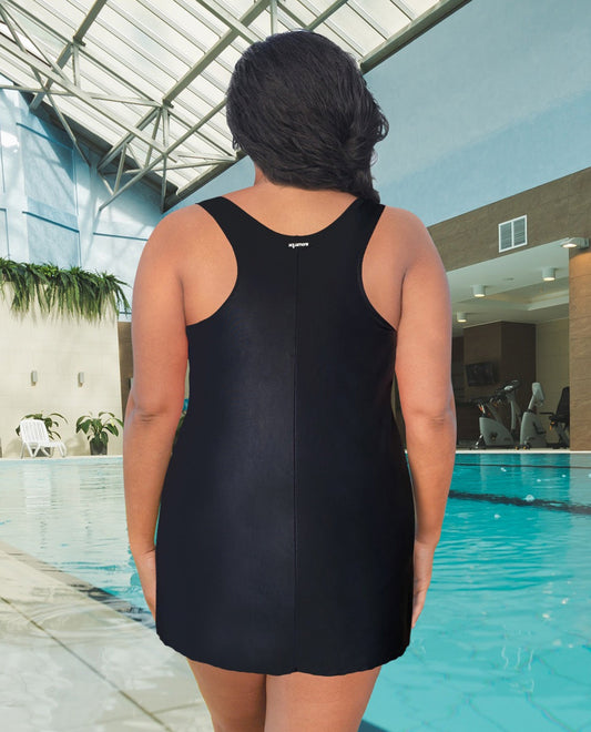 BACK VIEW OF CHLORINE RESISTANT AQUAMORE SOLID LONG RACERBACK 1X-8X PLUS SIZE SWIM TOP | 801 AQM BLACK