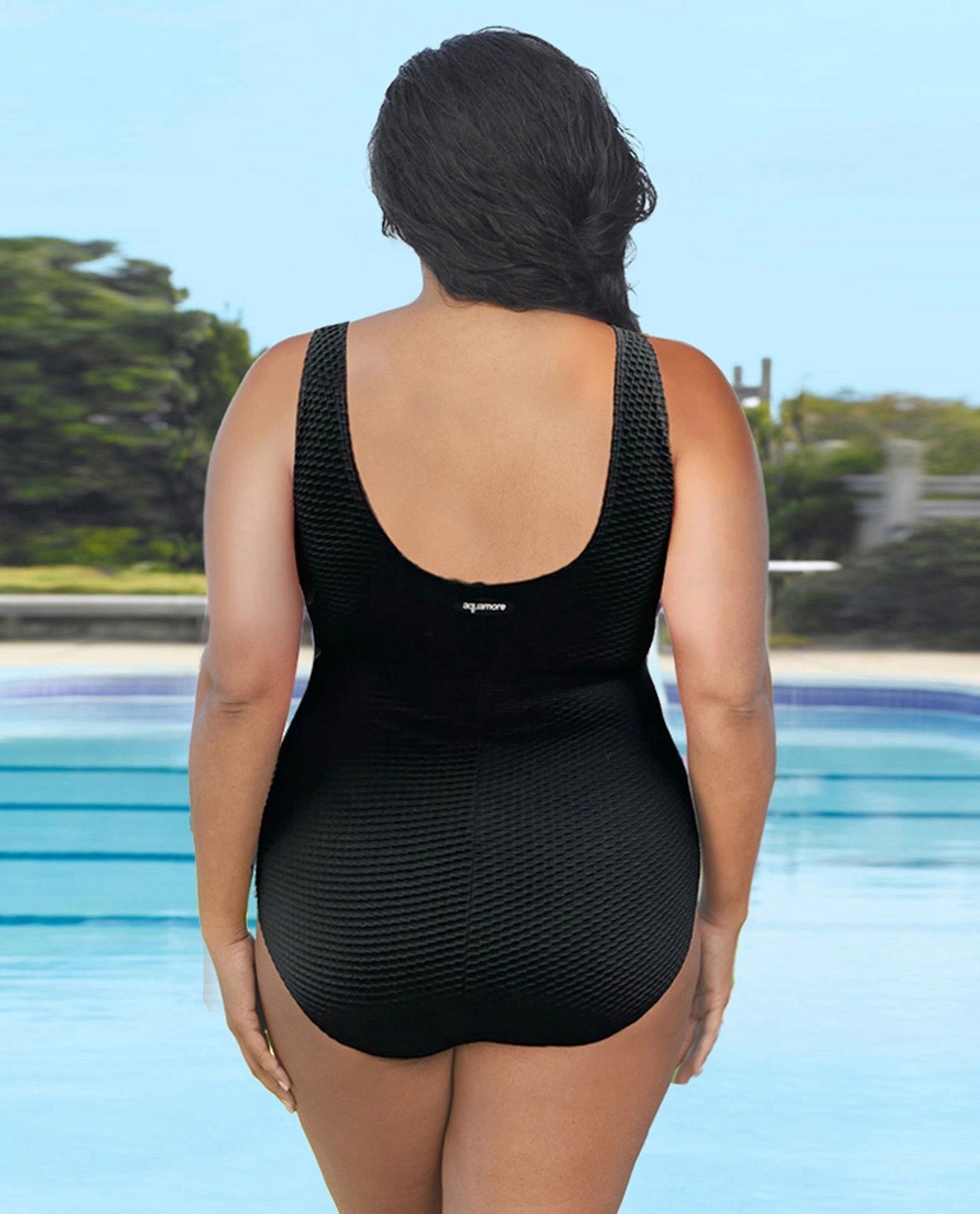 BACK VIEW OF CHLORINE RESISTANT AQUAMORE COLOR BLOCK TEXTURED SPORTY PLUS SIZE SWIMSUIT | 618L AQT TEXTURED PURPLE