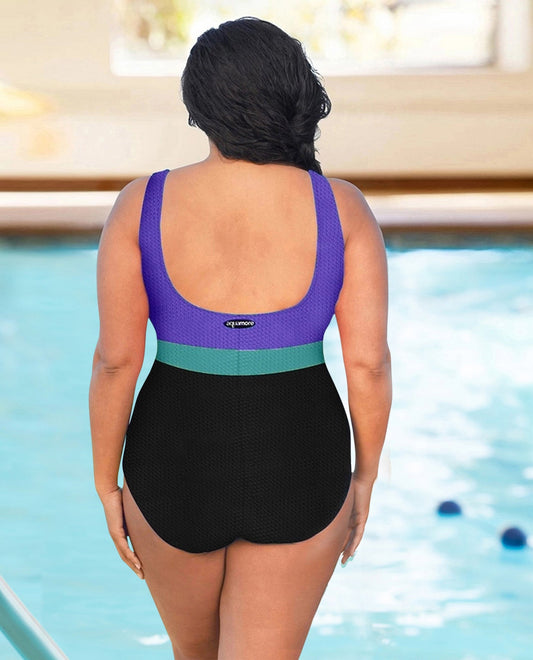 BACK VIEW OF CHLORINE RESISTANT AQUAMORE COLOR BLOCK TEXTURED HIGH NECK PLUS SIZE SWIMSUIT | 608 AQT TEXTURED PURPLE