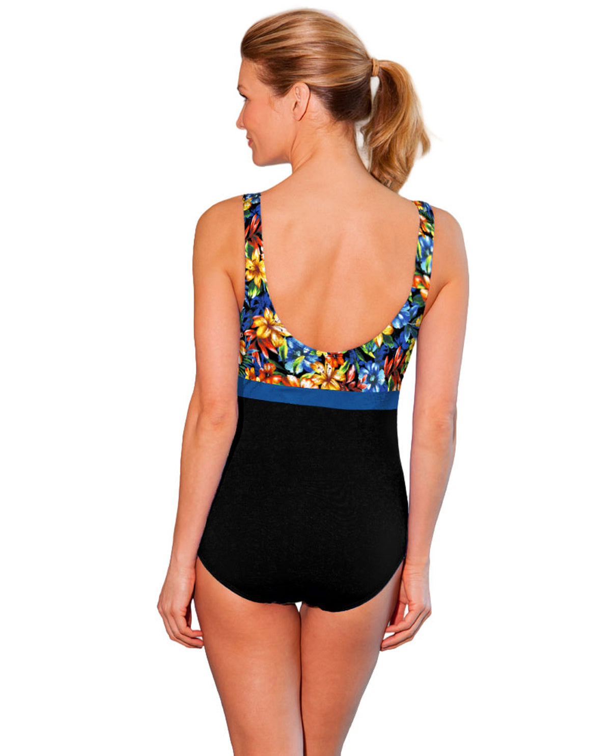 BACK OF CHLORINE RESISTANT AQUAMORE OASIS PRINT BLOCK HIGH NECK DD-CUP ONE PIECE | 202 AQM OASIS