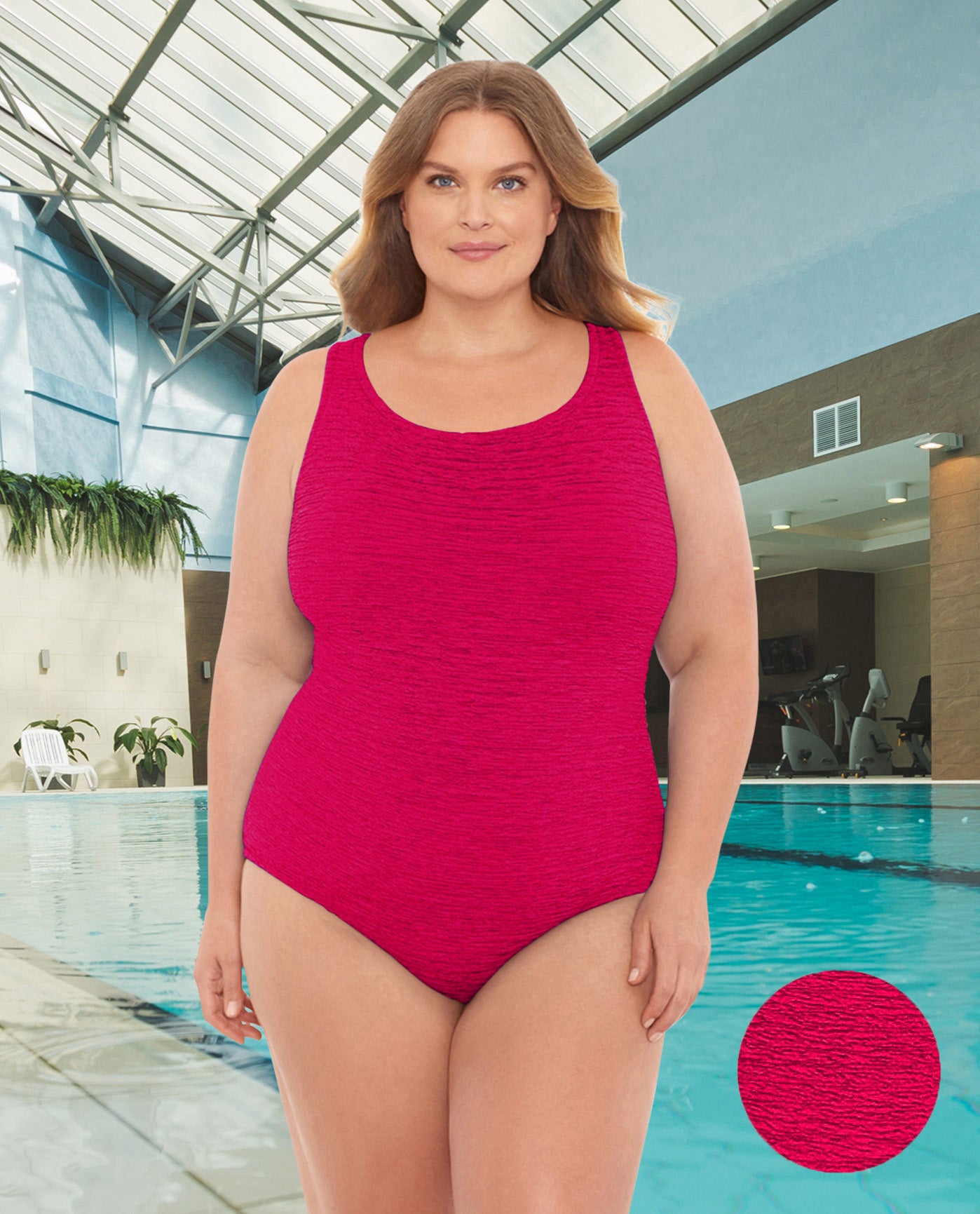 FRONT VIEW OF CHLORINE RESISTANT KRINKLE TEXTURED SOLID CROSS BACK PLUS SIZE ONE PIECE | KRINKLE ROSE
