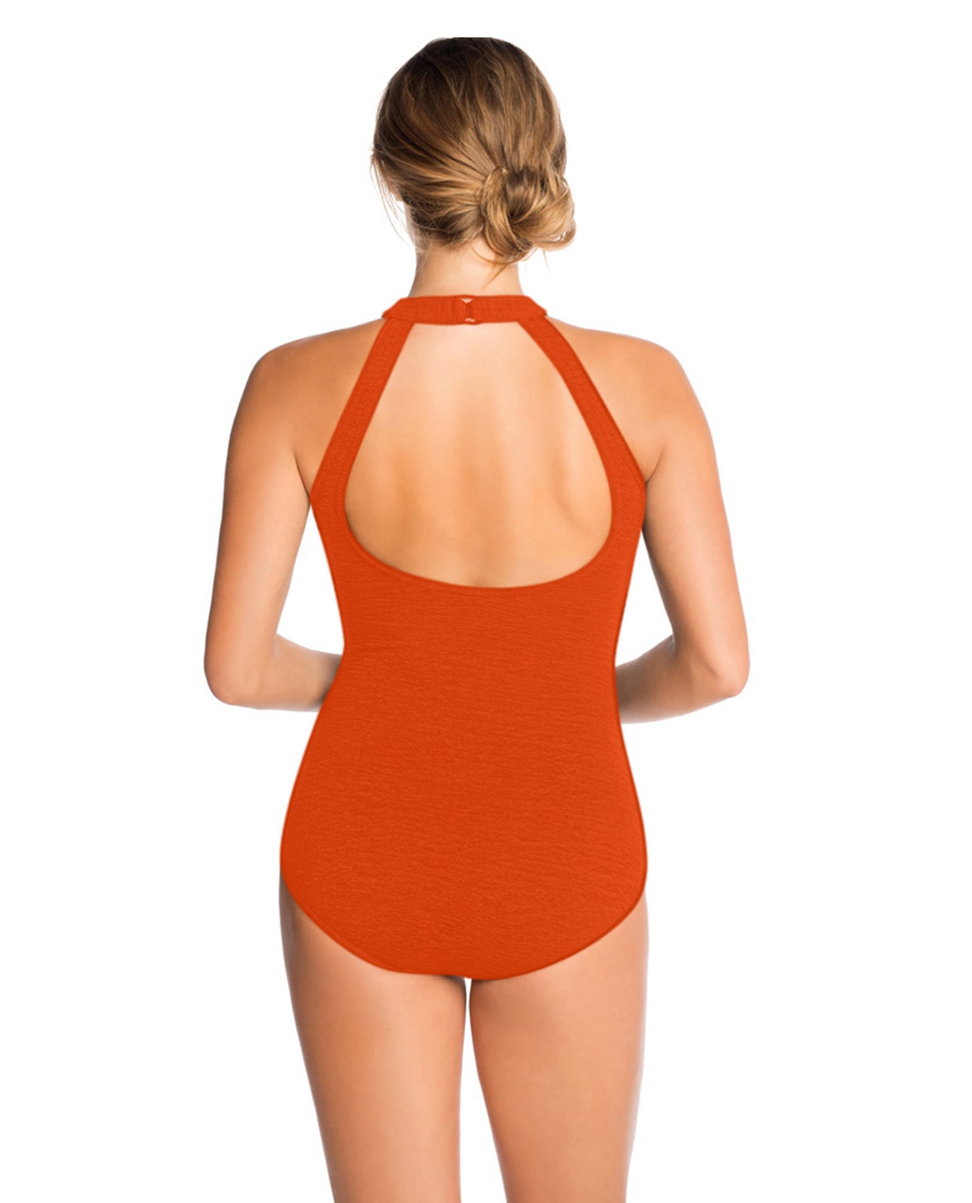BACK OF CHLORINE RESISTANT KRINKLE TEXTURED TANGERINE SOLID HIGH NECK ONE PIECE | KRINKLE TANGERINE