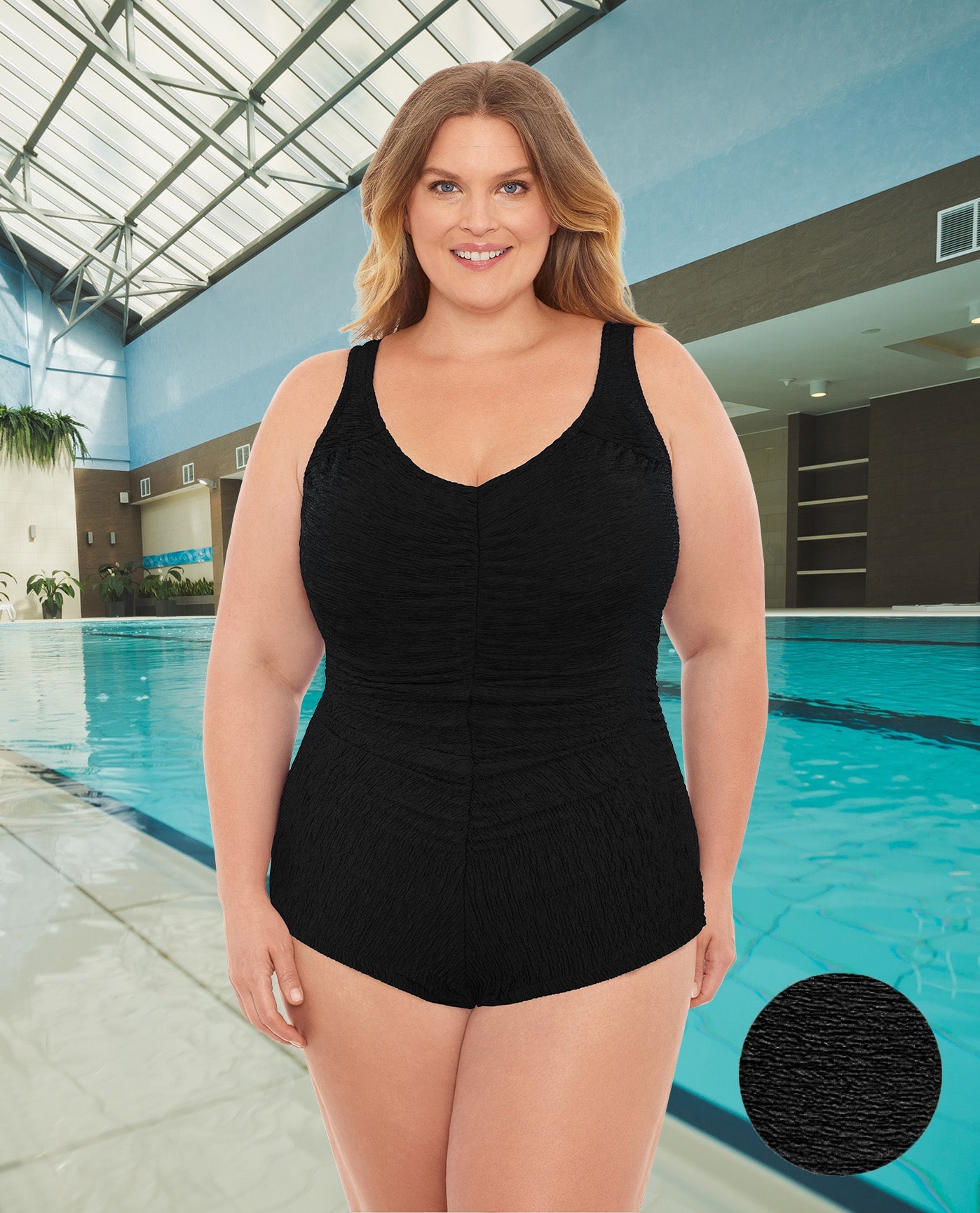 FRONT OF CHLORINE RESISTANT KRINKLE TEXTURED SOLID GIRL LEG PLUS SIZE ONE PIECE | KRINKLE BLACK