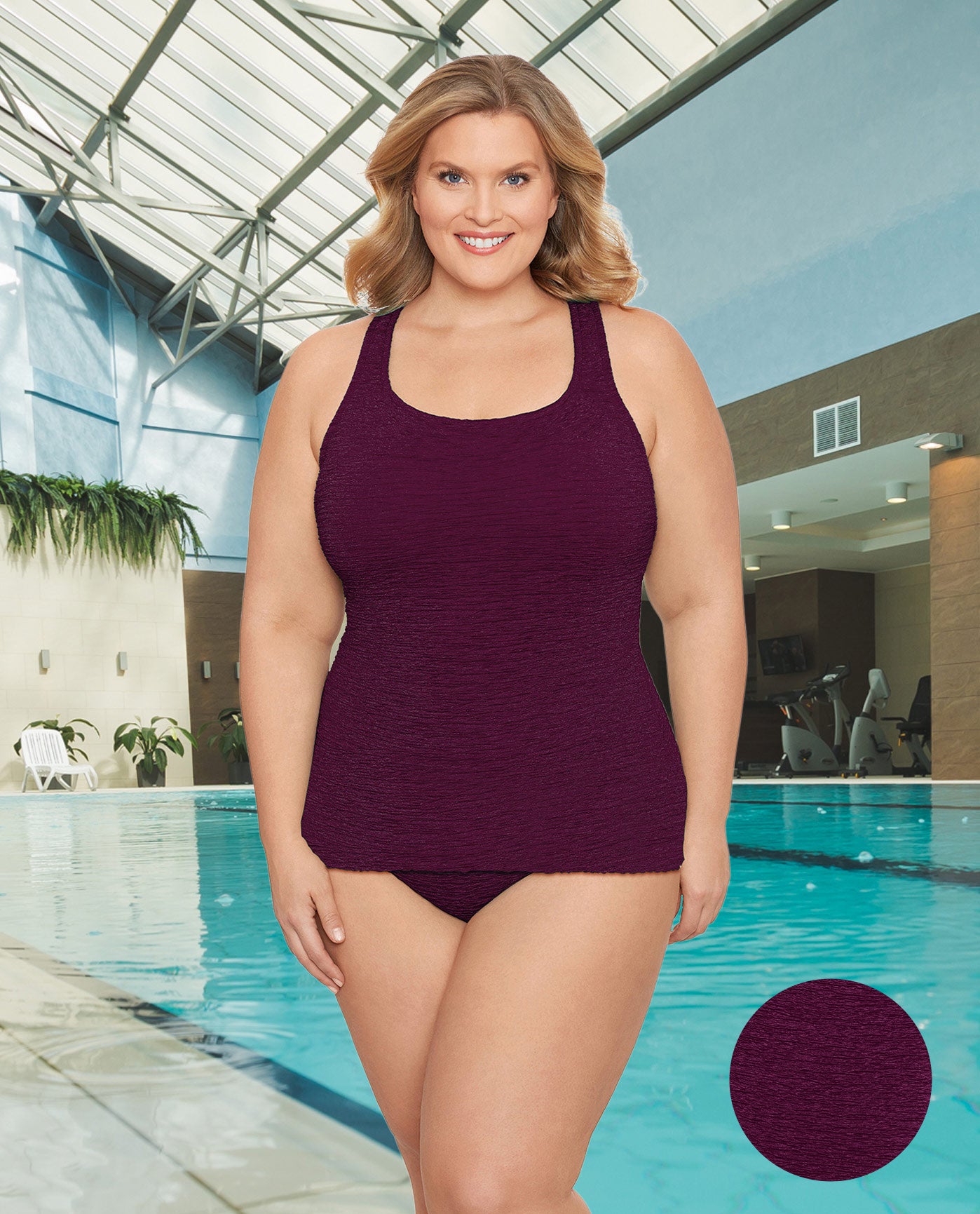 FRONT OF CHLORINE RESISTANT KRINKLE TEXTURED SOLID SCOOP NECK SHEATH PLUS SIZE ONE PIECE | KRINKLE EGGPLANT