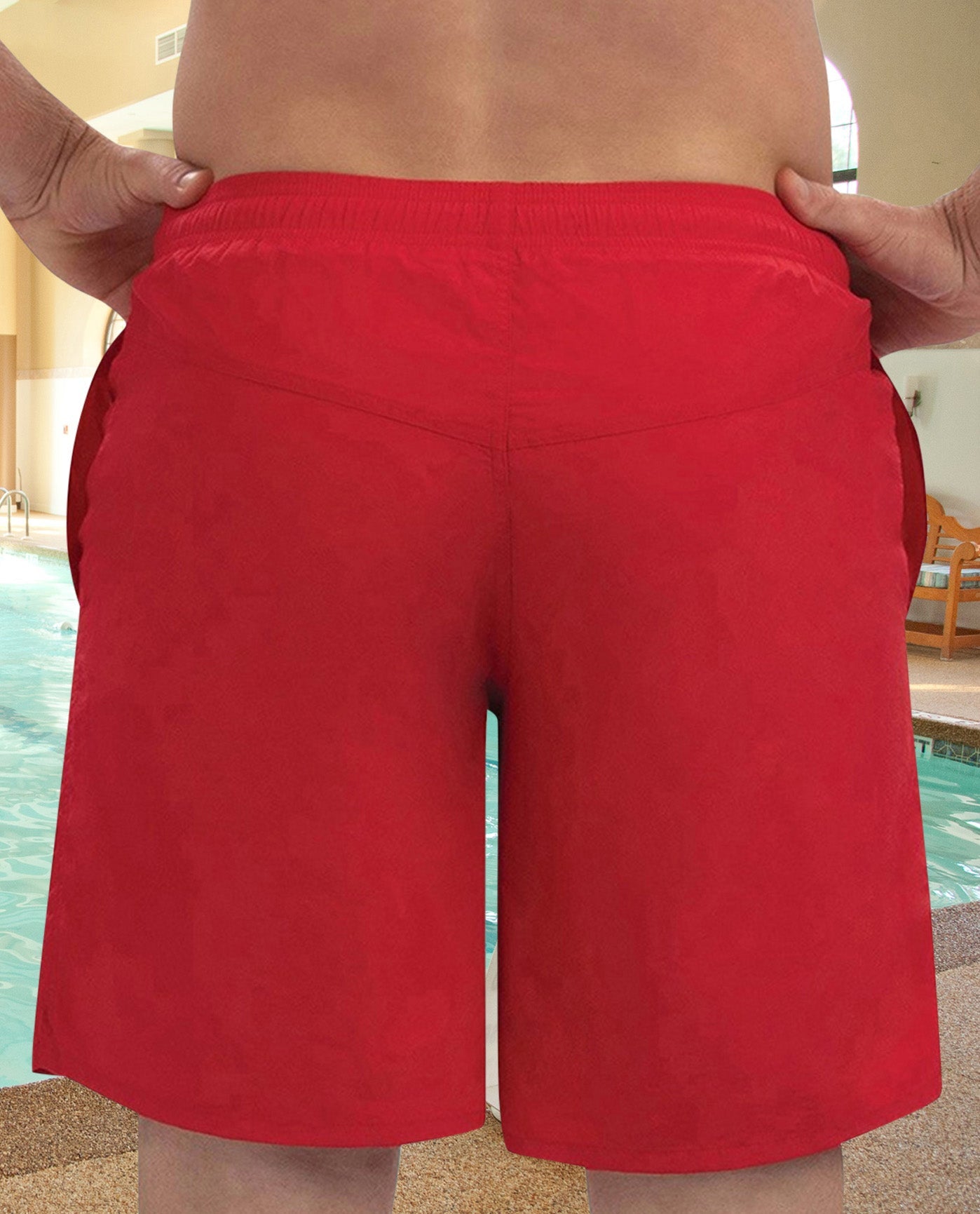 BackView Of CHLORINE RESISTANT DOLFIN RED SOLID 9 INCH MENS SWIM TRUNKS | 250 DOLFIN RED