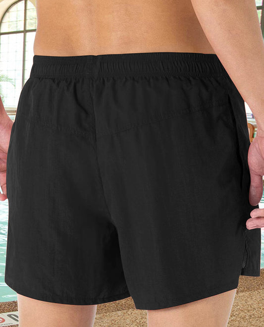 Back View Of CHLORINE RESISTANT DOLFIN BLACK SOLID 5 INCH MENS SWIM TRUNKS | 790 DOLFIN BLACK