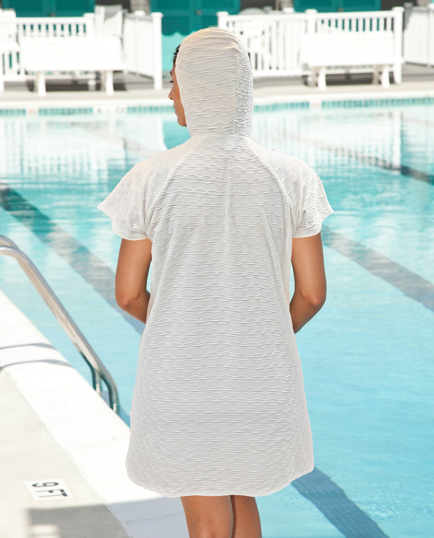 HOOD UP BACK VIEW OF AQUAMORE SOLID TEXTURED ZIPPER HOODIE COVER UP TUNIC | 016 AQM TEXTURED CREAM