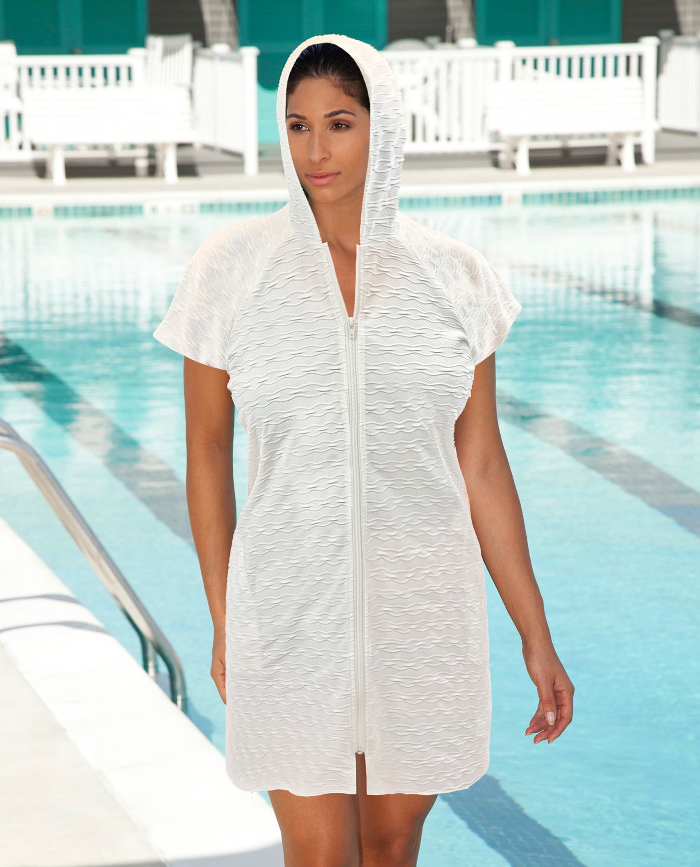 HOOD UP FRONT VIEW OF AQUAMORE SOLID TEXTURED ZIPPER HOODIE COVER UP TUNIC | 016 AQM TEXTURED CREAM