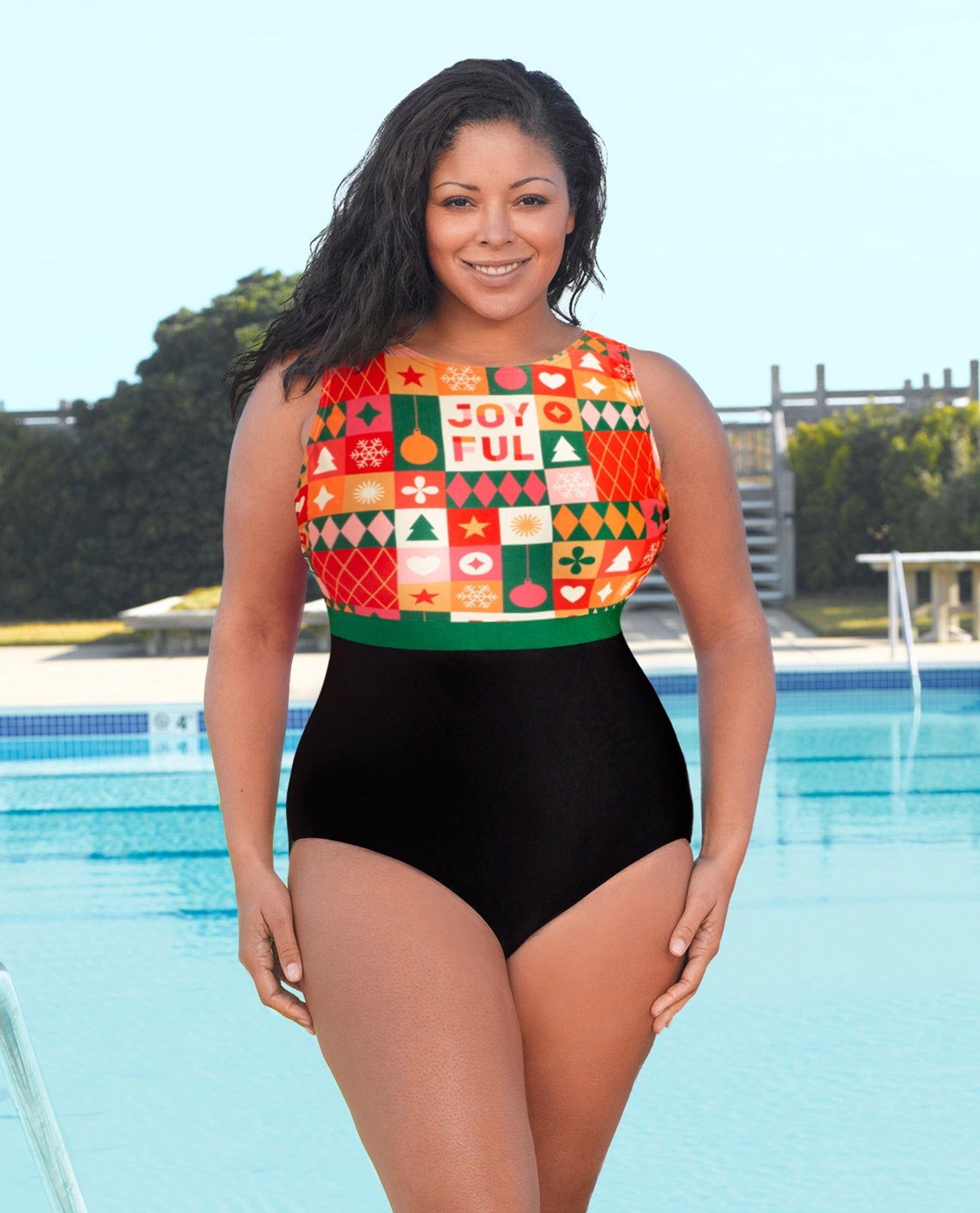 FRONT VIEW OF CHLORINE RESISTANT AQUAMORE PRINT BLOCK HIGH NECK PLUS SIZE SWIMSUIT | 215 AQM JOYFUL WRAP