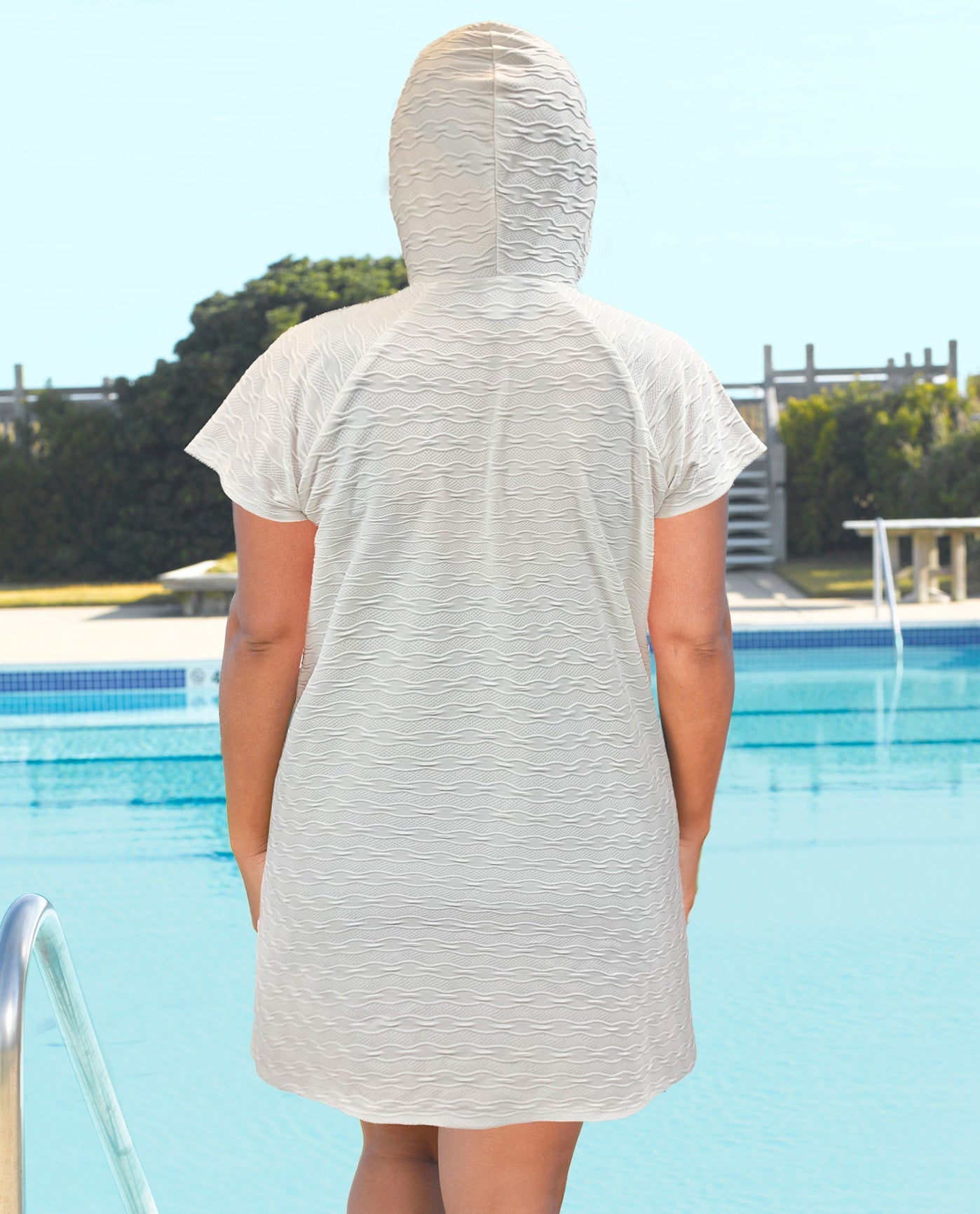HOOD UP BACK VIEW OF AQUAMORE SOLID TEXTURED ZIPPER HOODIE PLUS SIZE COVER UP TUNIC | 016 AQM TEXTURED CREAM