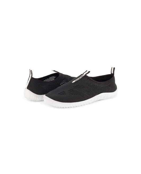 FRONT VIEW OF CHLORINE RESISTANT AQUAMORE COLOR BLOCK MESH AQUA WALKER WOMEN'S WATER SHOE | 101 AQM BLACK