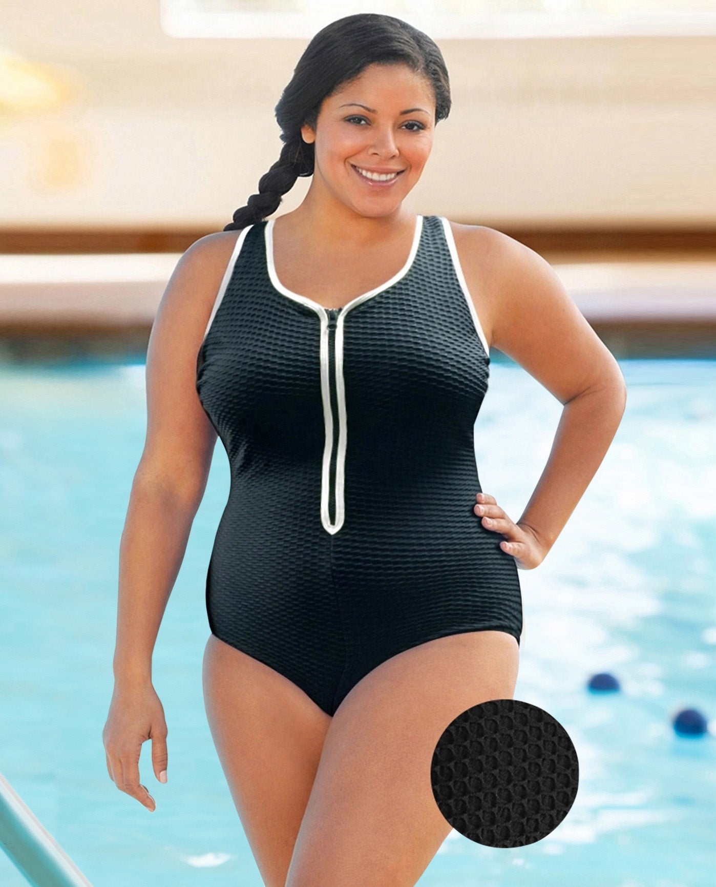 FRONT VIEW OF CHLORINE RESISTANT AQUAMORE COLOR BLOCK TEXTURED ZIPPER SWEATHEART NECK PLUS SIZE | 615 AQT TEXTURED WHITE