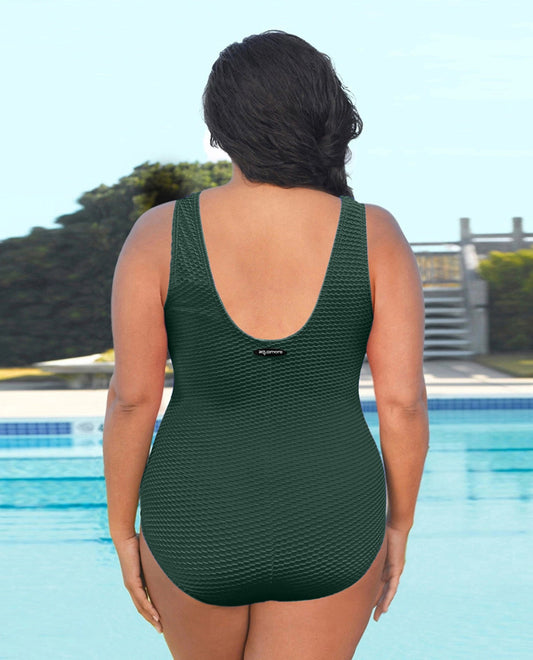 BACK OF CHLORINE RESISTANT AQUAMORE SOLID TEXTURED DIAGONAL SARONG PLUS SIZE SWIMSUIT | 505 AQT TEXTURED HUNTER