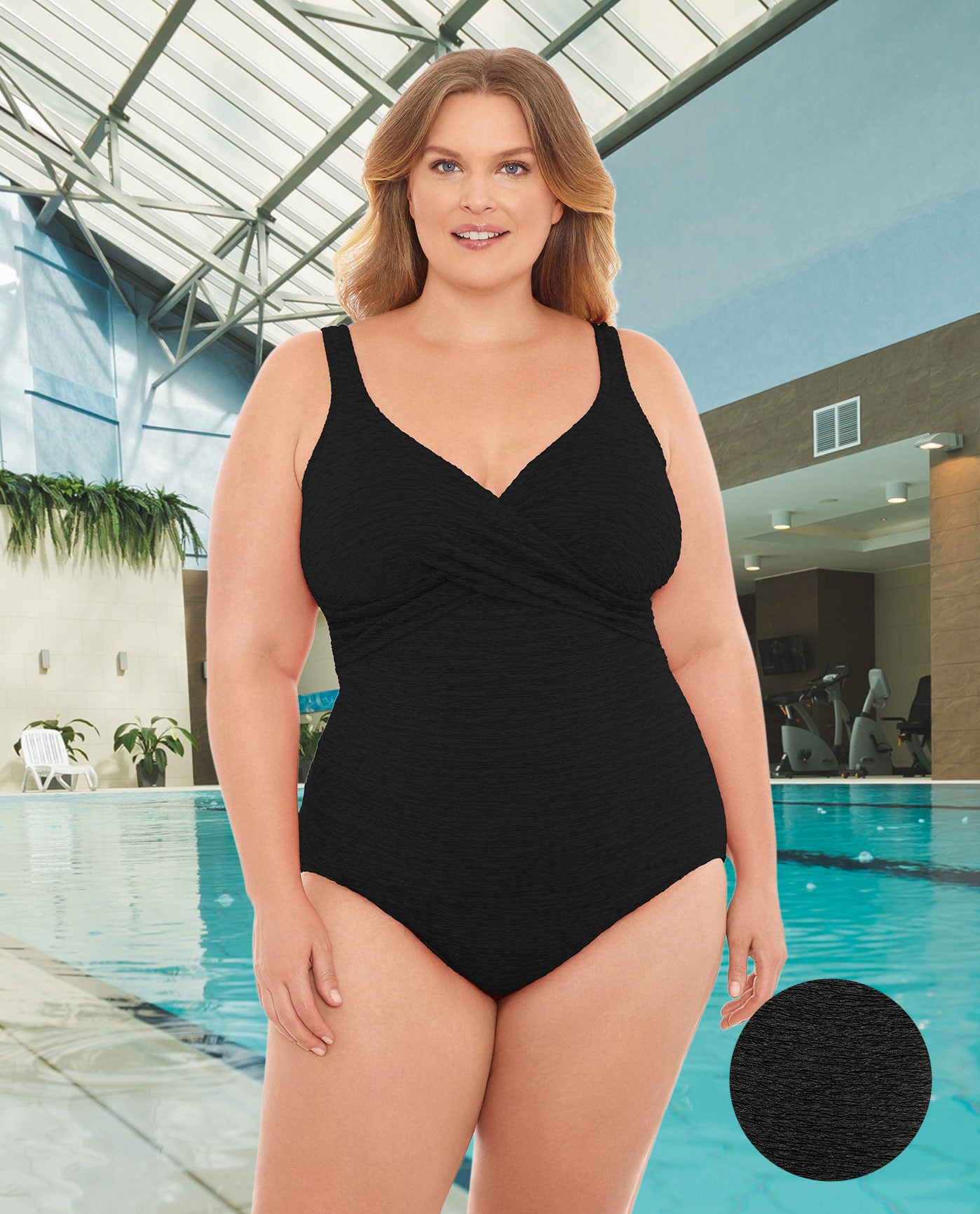 FRONT VIEW OF CHLORINE RESISTANT KRINKLE TEXTURED SOLID TWIST FRONT PLUS SIZE LONG TORSO ONE PIECE | KRINKLE BLACK