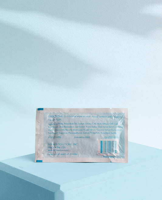 BACK VIEW OF SUMMER SOLUTIONS SINGLE PACKET CHLORINE NEUTRALIZING ONE SINGLE USE SWIM WIPE | ACCESSORIES
