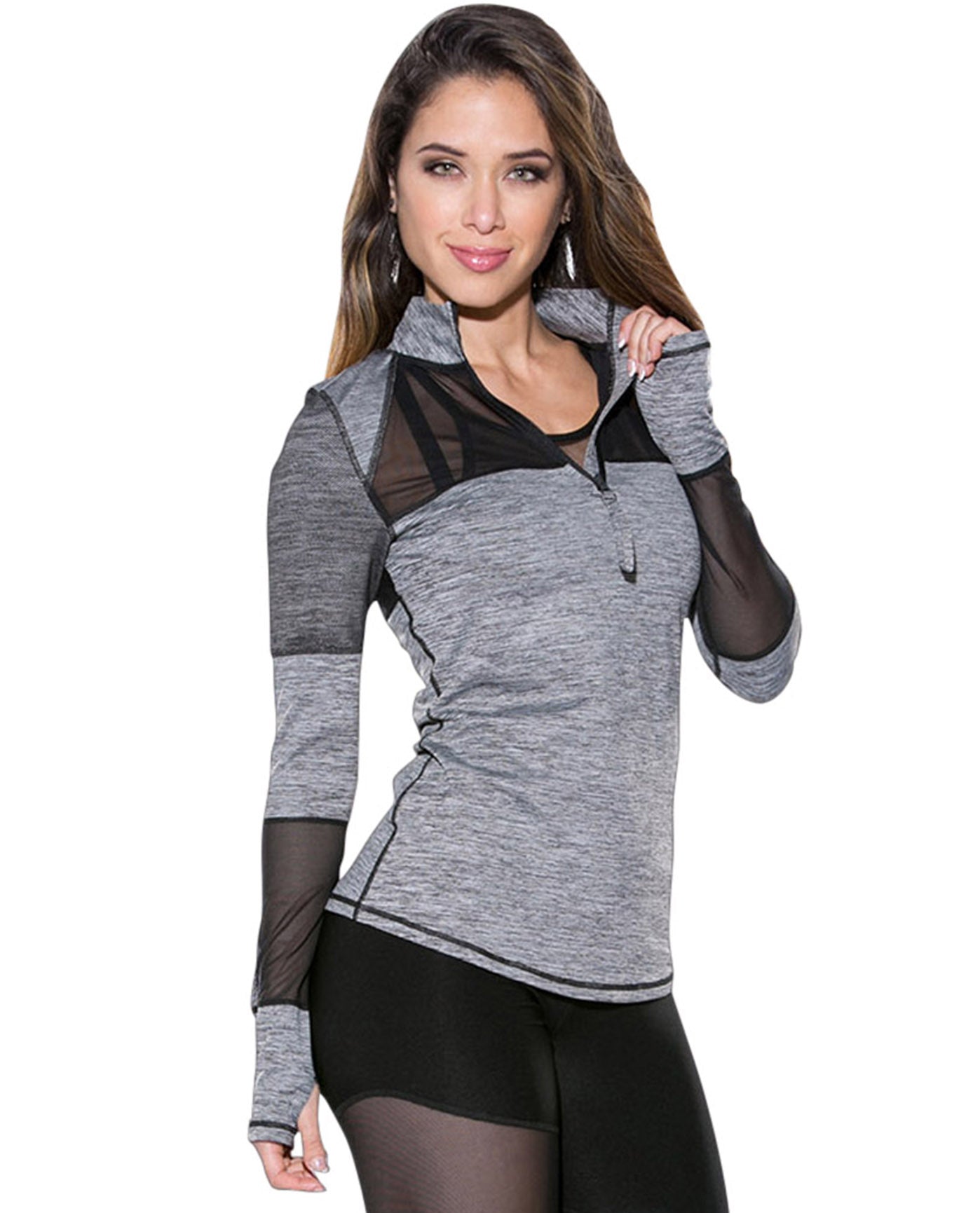 FRONT OF TLF APPAREL MUSE BARDOT MESH PANEL LONG SLEEVE TOP | TLF GRAPHITE HEATHER