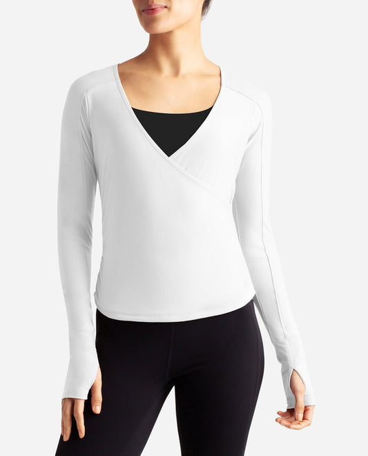 FRONT OF DANSKIN BARRE WRAP LONG SLEEVE TOP | DSK BRIGHT WHITE