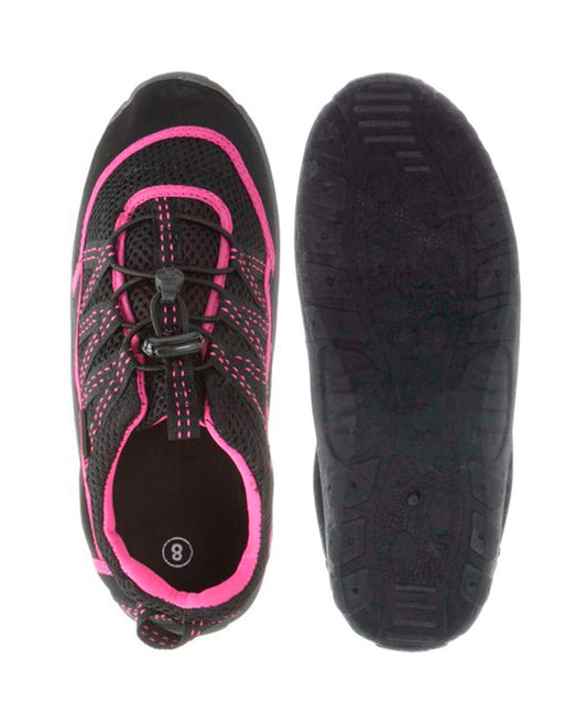 TOP AND BOTTOM VIEW OF NORTHSIDE BRILLE II BLACK AND FUCHSIA WOMEN'S WATER SHOES | BKF NORTHSIDE BLACK