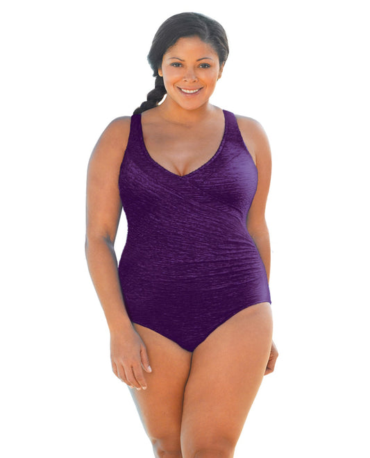 FRONT OF CHLORINE RESISTANT KRINKLE TEXTURED ACAI PURPLE SOLID MOCK SURPLICE PLUS SIZE ONE PIECE | KRINKLE ACAI PURPLE