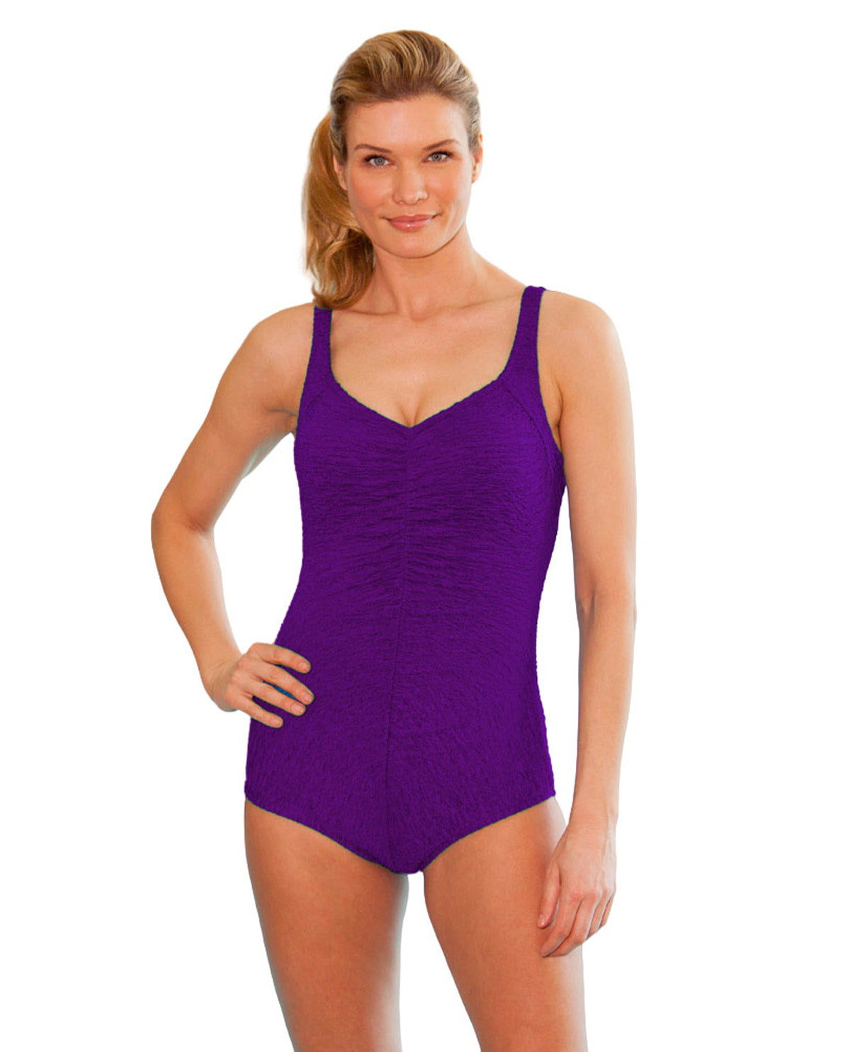 FRONT OF CHLORINE RESISTANT KRINKLE TEXTURED ACAI PURPLE SOLID CENTER SHIRRED KEYHOLE BACK PLUS SIZE ONE PIECE | KRINKLE ACAI PURPLE