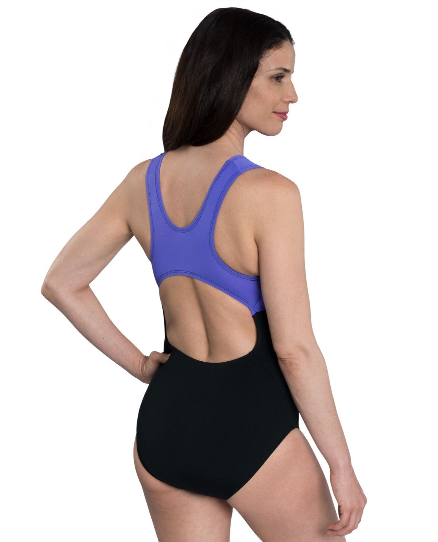 BACK OF CHLORINE RESISTANT DOLFIN PURPLE AND BLACK COLOR BLOCK MODERATE LAP ONE PIECE SWIMSUIT | 933 DOLFIN BLACK AND PURPLE