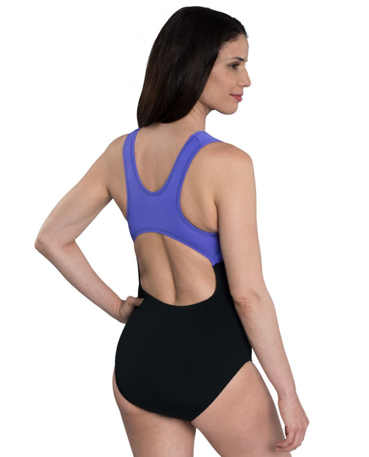 BACK OF CHLORINE RESISTANT DOLFIN PURPLE AND BLACK COLOR BLOCK MODERATE LAP ONE PIECE SWIMSUIT | 933 DOLFIN BLACK AND PURPLE