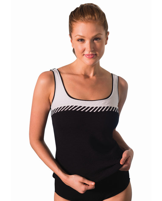FRONT OF CHLORINE RESISTANT ACTIVE SPIRIT BLACK AND WHITE SPORT SUPPORT TANKINI TOP | ACTIVE SPIRIT BLACK AND WHITE