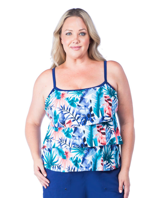 FRONT OF CHLORINE RESISTANT MAXINE OF HOLLYWOOD BLUE WATERCOLOR TROPICAL PLUS SIZE TIERED TANKINI TOP | MOH BLUE WATERCOLOR