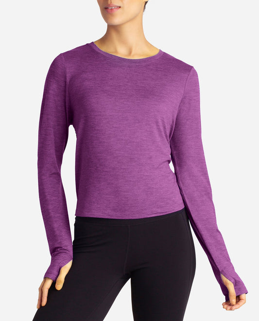 FRONT OF DANSKIN CUTOUT CROPPED LONG SLEEVE TEE | DSK VIVID VIOLA HEATHER