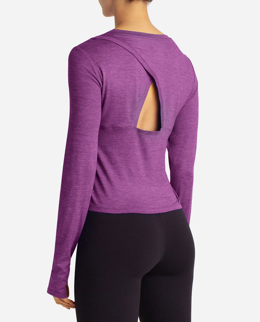 BACK OF DANSKIN CUTOUT CROPPED LONG SLEEVE TEE | DSK VIVID VIOLA HEATHER