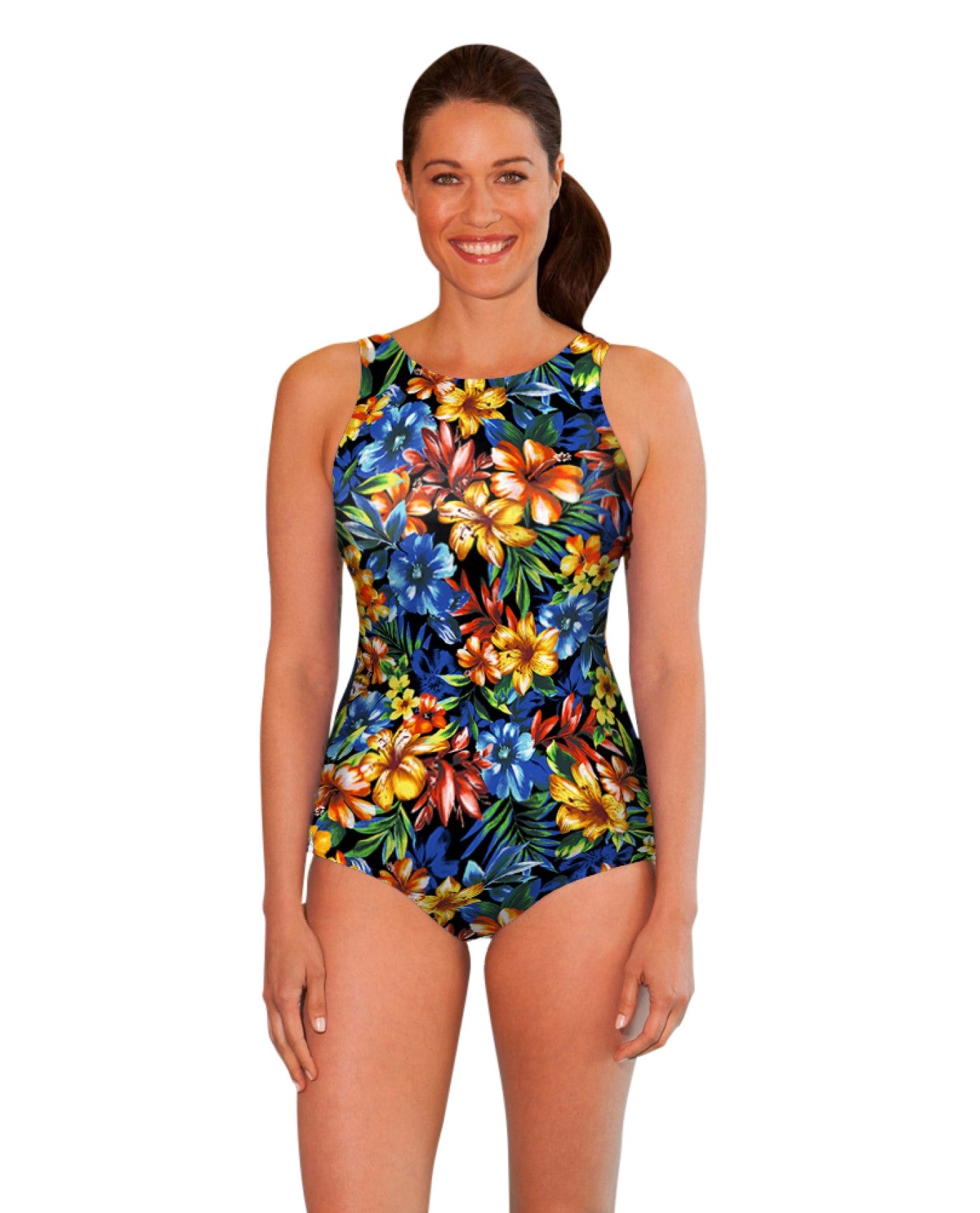 FRONT OF CHLORINE RESISTANT AQUAMORE OASIS PRINT HIGH NECK ONE PIECE SWIMSUIT | 202 AQM OASIS