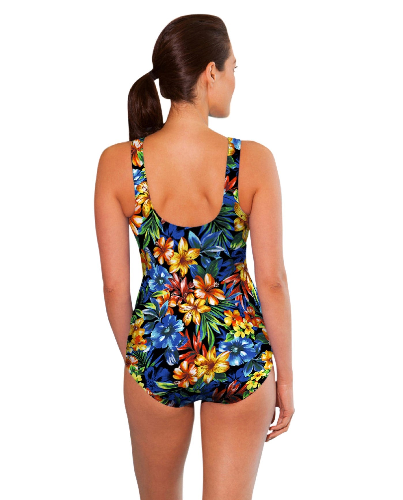 BACK OF CHLORINE RESISTANT AQUAMORE OASIS PRINT HIGH NECK ONE PIECE SWIMSUIT | 202 AQM OASIS