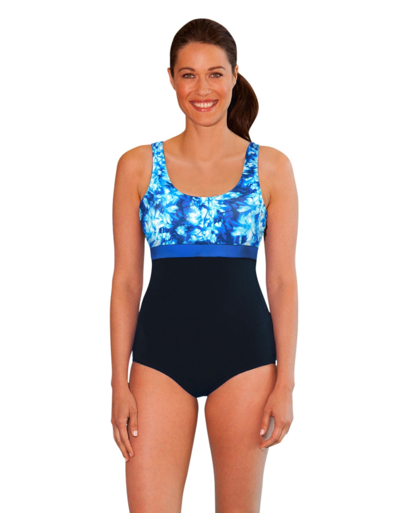 FRONT OF CHLORINE RESISTANT AQUAMORE AQUA WATERCOLOR PRINT BLOCK SCOOP NECK ONE PIECE SWIMSUIT | 203 AQM AQUA WATERCOLOR