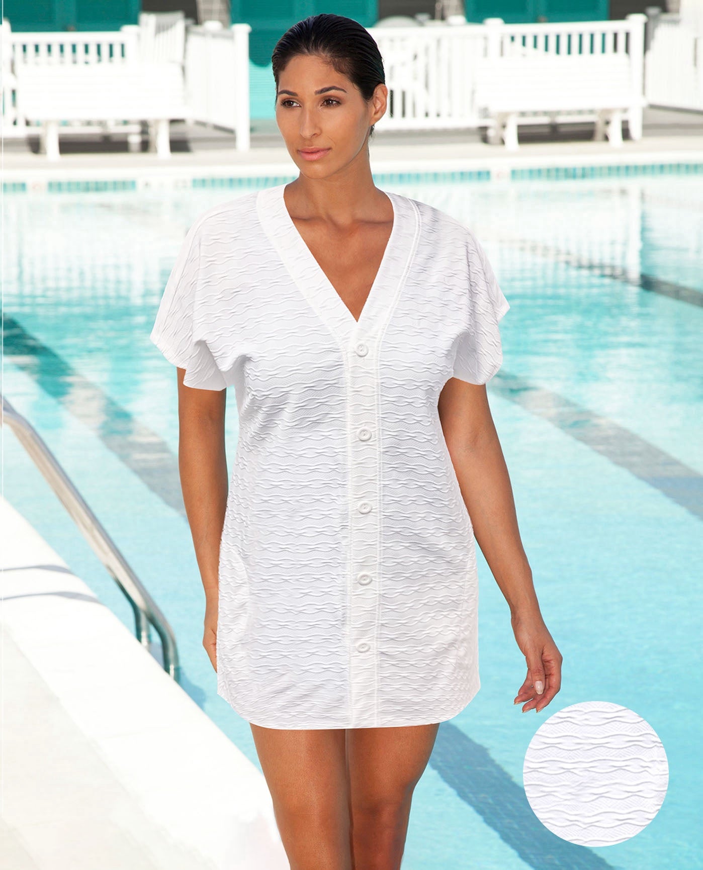 FRONT VIEW OF AQUAMORE SOLID TEXTURED CAP SLEEVE BUTTON UP COVER UP TUNIC | 016 AQM TEXTURED CREAM