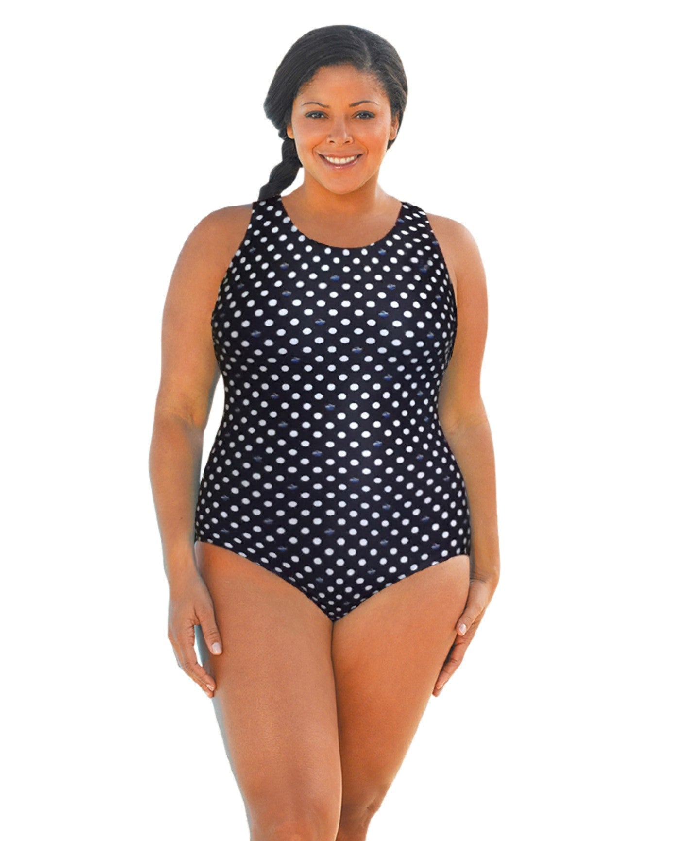 FRONT OF CHLORINE RESISTANT AQUAMORE SWIMMER DOT PRINT HIGH NECK PLUS SIZE SWIMSUIT | 205 AQM SWIMMER DOT