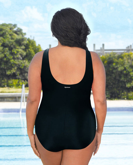 BACK VIEW OF CHLORINE RESISTANT AQUAMORE SOLID HIGH NECK PLUS SIZE SWIMSUIT | 801 AQM BLACK