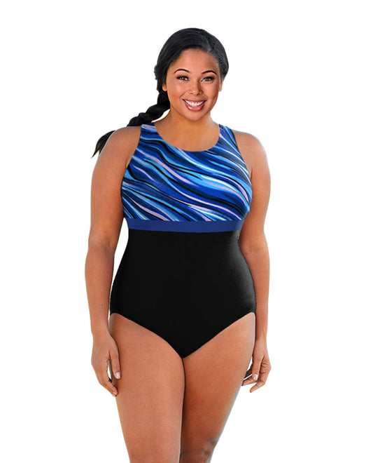 FRONT OF CHLORINE RESISTANT AQUAMORE SYNERGY PRINT BLOCK HIGH NECK PLUS SIZE SWIMSUIT | 204 AQM SYNERGY