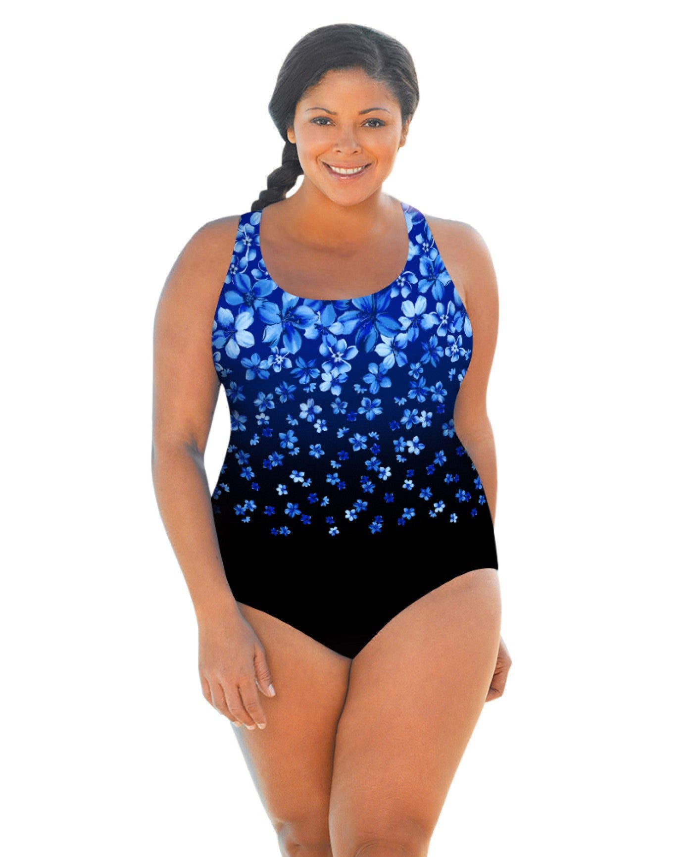 FRONT OF CHLORINE RESISTANT AQUAMORE BLUE FLOWER RAIN DESIGNER SCOOP NECK PLUS SIZE SWIMSUIT | 207 AQM BLUE FLOWER RAIN