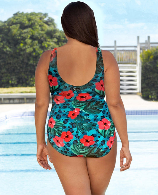 BACK VIEW OF CHLORINE RESISTANT AQUAMORE PRINT SCOOP NECK PLUS SIZE SWIMSUIT | 212 AQM JUNGLE FLORAL