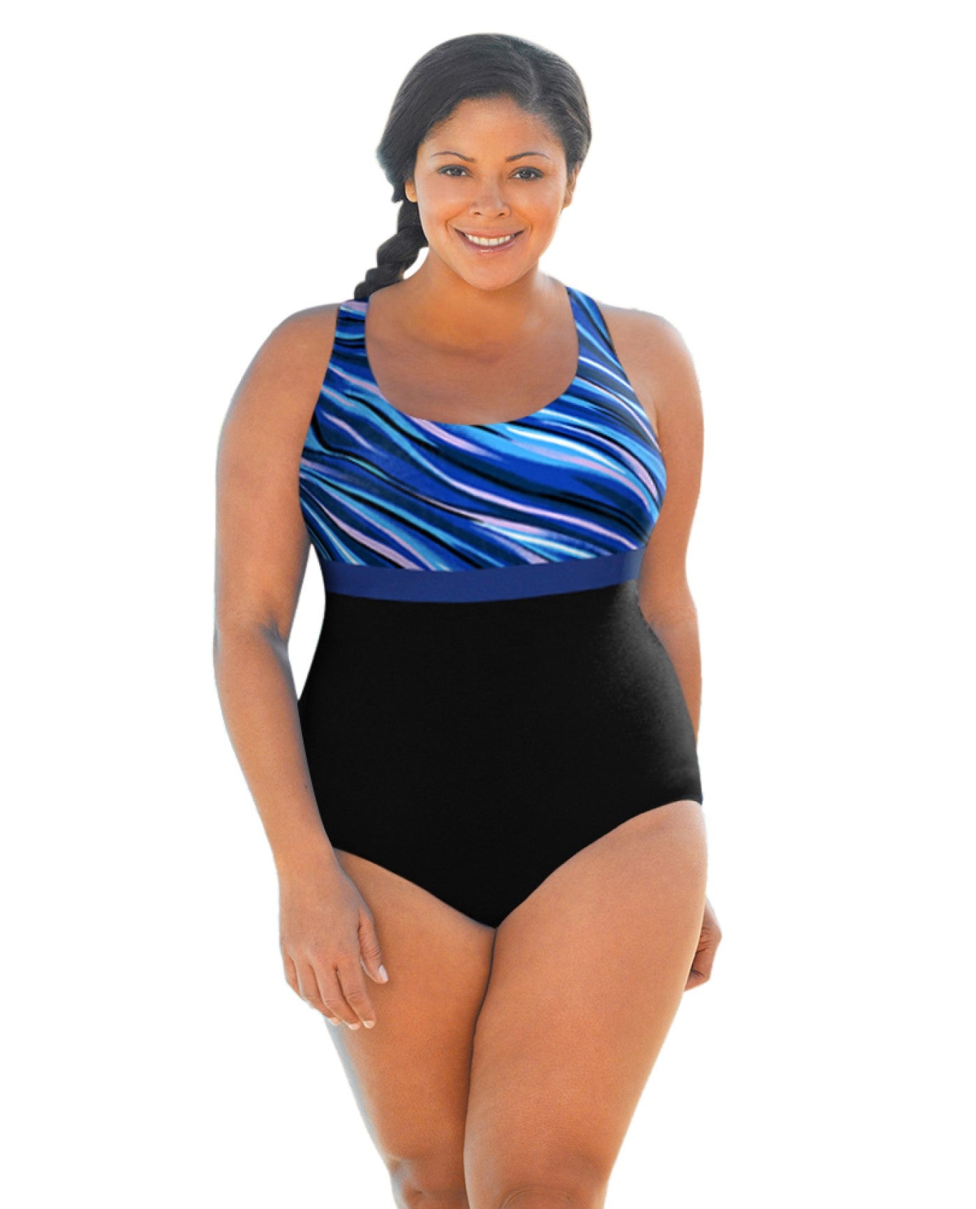 FRONT OF CHLORINE RESISTANT AQUAMORE SYNERGY PRINT BLOCK SCOOP NECK PLUS SIZE SWIMSUIT | 204 AQM SYNERGY