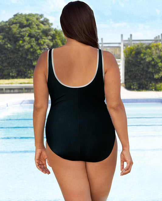 BACK VIEW OF CHLORINE RESISTANT AQUAMORE STRIPED ZIPPER HIGH NECK PLUS SIZE SWIMSUIT | 015 AQM PINK STRIPE