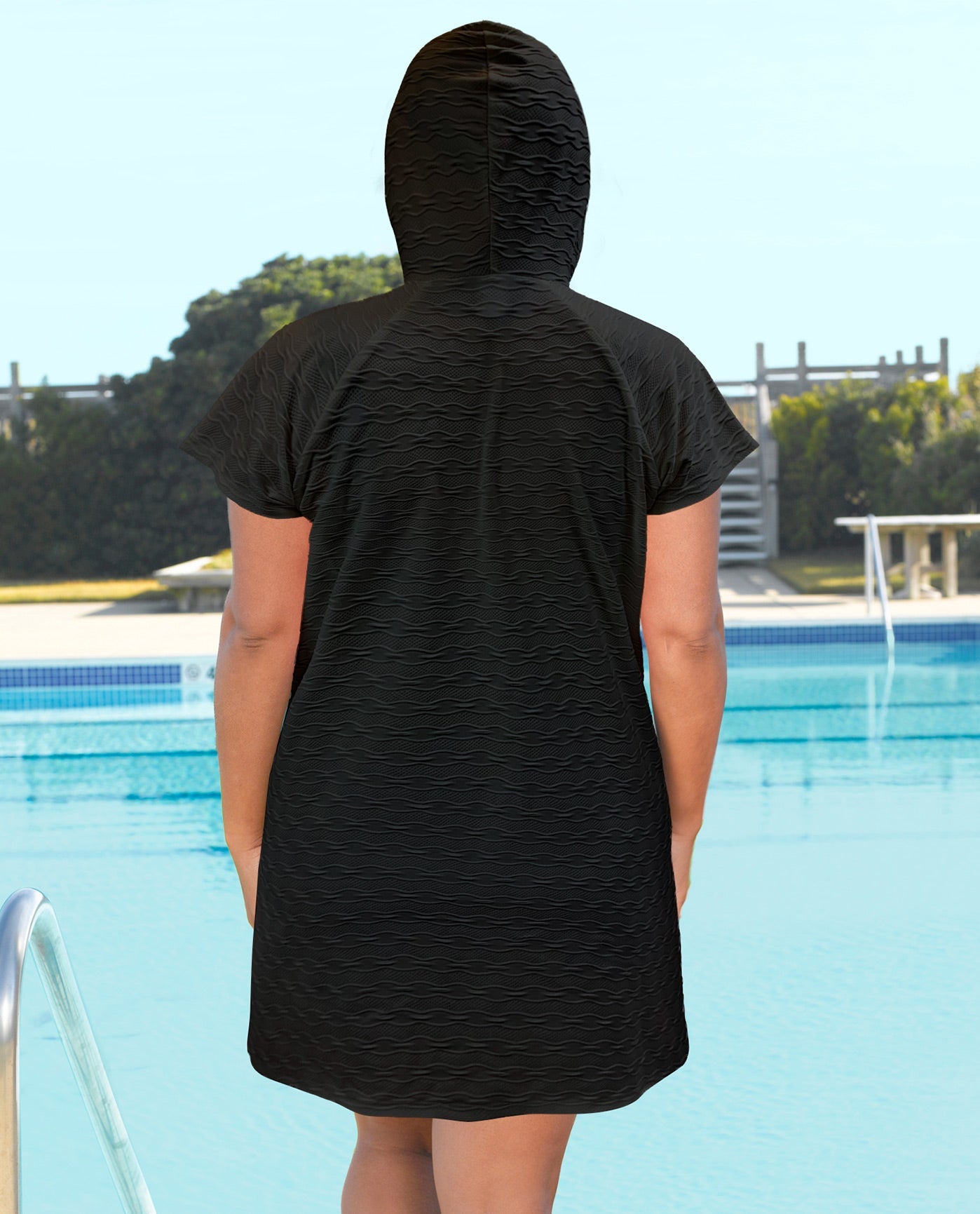 HOOD UP BACK VIEW OF AQUAMORE SOLID TEXTURED ZIPPER HOODIE PLUS SIZE COVER UP TUNIC | 017 AQM TEXTURED BLACK