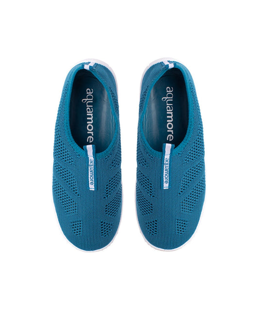 ABOVE VIEW OF CHLORINE RESISTANT AQUAMORE COLOR BLOCK MESH AQUA WALKER WOMEN'S WATER SHOE | 102 AQM DEEP TEAL