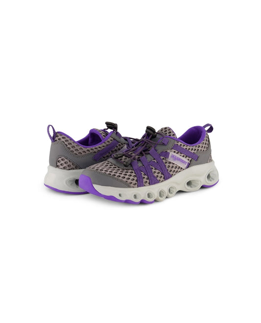 FRONT VIEW OF CHLORINE RESISTANT AQUAMORE COLOR BLOCK AQUACISER WOMEN'S WATER SHOE | 106 AQM PURPLE
